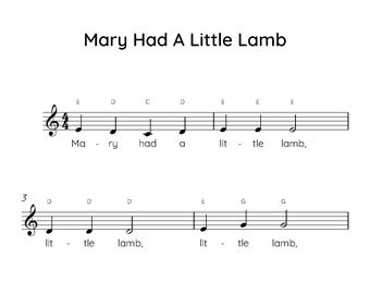 Mary Had A Little Lamb Easy Piano Sheet Music, Digital Downloadable Musical Sheets, Kids Beginner Songs, PDF