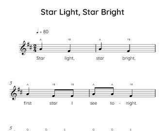 Star Light Star Bright Easy Piano Sheet Music, Digital Downloadable Musical Sheets, Kids Beginner Songs, PDF