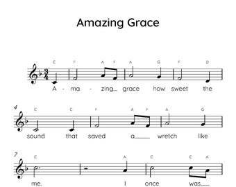 Amazing Grace Easy Piano Sheet Music, Digital Downloadable Musical Sheets, Kids Beginner Songs, PDF