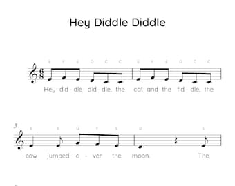 Hey Diddle Diddle Easy Piano Sheet Music (Digital Download), Kids Beginner Songs, PDF