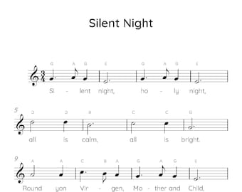 Silent Night Easy Piano Sheet Music, Digital Downloadable Musical Sheets, Kids Beginner Songs, PDF