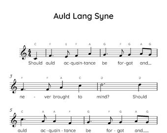 Auld Lang Syne Easy Piano Sheet Music, Digital Downloadable Musical Sheets, Kids Beginner Songs, PDF