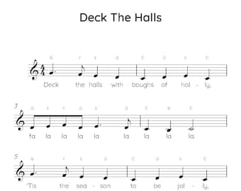 Deck The Halls Easy Piano Sheet Music, Digital Downloadable Musical Sheets, Kids Beginner Songs, PDF