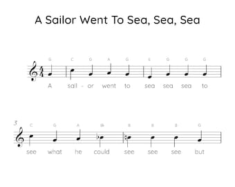 A Sailor Went To Sea Sea Sea Partitions piano facile, Partitions numériques téléchargeables, Chansons pour enfants débutants, PDF