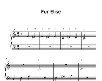 Fur Elise Easy Klavier Notenblatt, digital herunterladbare Notenblätter, Kinder Anfänger Lieder,Beethoven, PDF, Klassik, 5 Finger Position