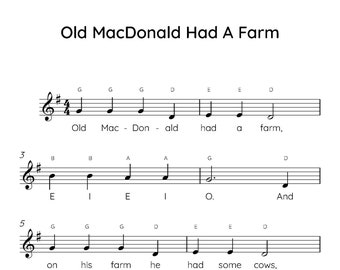 Old MacDonald Had A Farm Easy Piano Sheet Music, Digital Downloadable Musical Sheets, Kids Beginner Songs, PDF