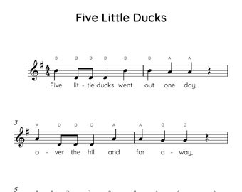 Five Little Ducks Easy Piano Sheet Music, Digital Downloadable Musical Sheets, Kids Beginner Songs, PDF