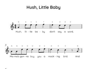 Hush Little Baby Easy Piano Sheet Music, Digital Downloadable Musical Sheets, Kids Beginner Songs. PDF