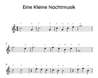 Eine Kleine Nachtmusik Einfache Klaviernoten, digital herunterladbare Notenblätter, Kinder Anfänger Songs, PDF