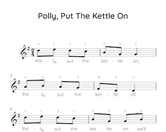 Partitions Polly Put The Kettle On piano facile, Partitions numériques à téléchargement, chansons pour enfants débutants, PDF