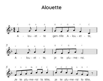 Alouette Easy Piano Sheet Music, Digital Downloadable Musical Sheets, Kids Beginner Songs, PDF
