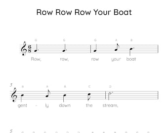 Row Row Row Your Boat Easy Piano Sheet Music, Digital Downloadable Musical Sheets, Kids Beginner Songs, PDF