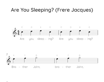 Are You Sleeping (Frere Jacques) Easy Piano Sheet Music, Digital Downloadable Musical Sheets, Kids Beginner Songs, PDF