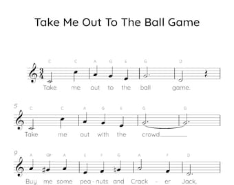 Take Me Out To The Ball Game Easy Piano Sheet Music, Digital Downloadable Musical Sheets, Kids Beginner Songs, PDF