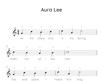 Aura Lee Easy Piano Sheet Music (Digital Download), Kids Beginner Songs, PDF
