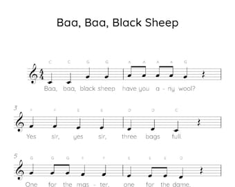 Baa Baa Black Sheep Easy Piano Sheet Music, Digital Downloadable Musical Sheets, Kids Beginner Songs, PDF