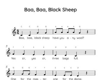 Baa Baa Black Sheep 簡単ピアノ楽譜（デジタルダウンロード）、子供向け初心者向け曲、PDF