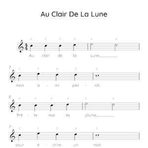 Partitions Au Clair De La Lune pour piano facile, Partitions musicales numériques à téléchargement, Chansons pour enfants débutants, PDF