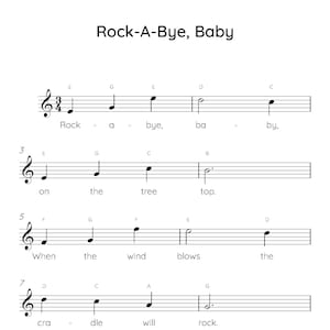 Rock A Bye Baby Easy Piano Sheet Music, spartiti musicali digitali scaricabili, canzoni per bambini principianti, PDF