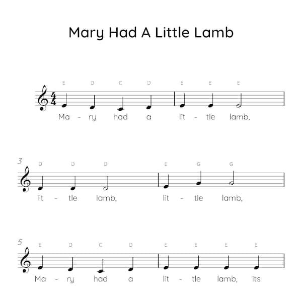 Mary Had A Little Lamb Easy Piano Sheet Music, Digital Downloadable Musical Sheets, Kids Beginner Songs, PDF