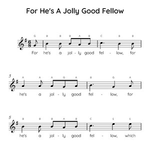 For He&#39;s A Jolly Good Fellow Easy Piano Sheet Music, Digital Downloadable Musical Sheets, Kids Beginner Songs, PDF
