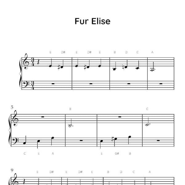 Fur Elise Easy Piano Sheet Music, Digital Downloadable Musical Sheets, Kids Beginner Songs, Beethoven, PDF, Classical, 5 Finger Position