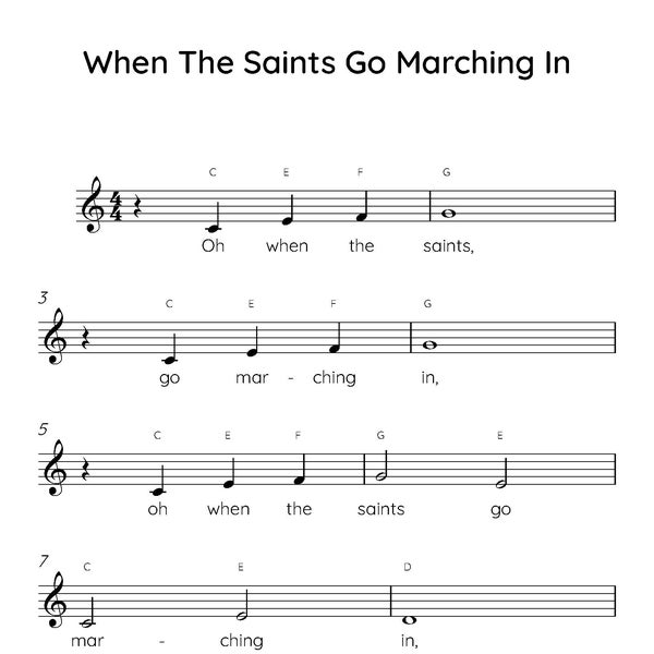 When The Saints Go Marching In Easy Piano Sheet Music, Digital Downloadable Musical Sheets, Kids Beginner Songs, PDF