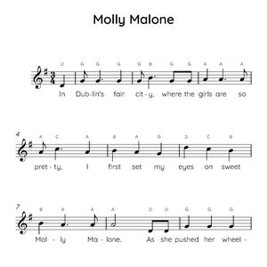 Könnte beinhalten: Notenblatt für das Lied "Molly Malone" mit dem Titel oben. Die Notenschrift enthält Violinschlüssel, Taktarten und Liedtexte wie "In Dublin's fair city". Die Noten sind schwarz auf weißem Hintergrund.
