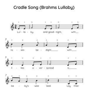 Cradle Song (Brahms Lullaby) Easy Piano Sheet Music, Digital Downloadable Musical Sheets, Kids Beginner Songs, PDF