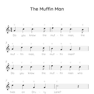 The Muffin Man Easy Piano Sheet Music, Digital Downloadable Musical Sheets, Kids Beginner Songs, PDF