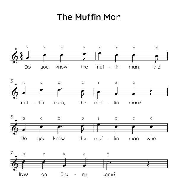 The Muffin Man Easy Piano Sheet Music, Digital Downloadable Musical Sheets, Kids Beginner Songs, PDF