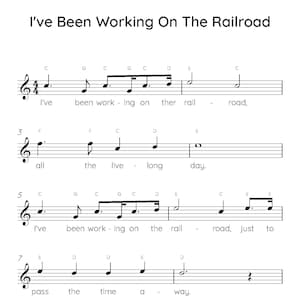 I&#39;ve Been Working On The Railroad Easy Piano-bladmuziek, digitale downloadbare muziekbladen, kinderliedjes voor beginners, pdf