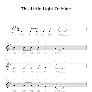 Puede incluir: Partitura musical para la canción "This Little Light of Mine". La letra está impresa en un fondo blanco con notas musicales negras.