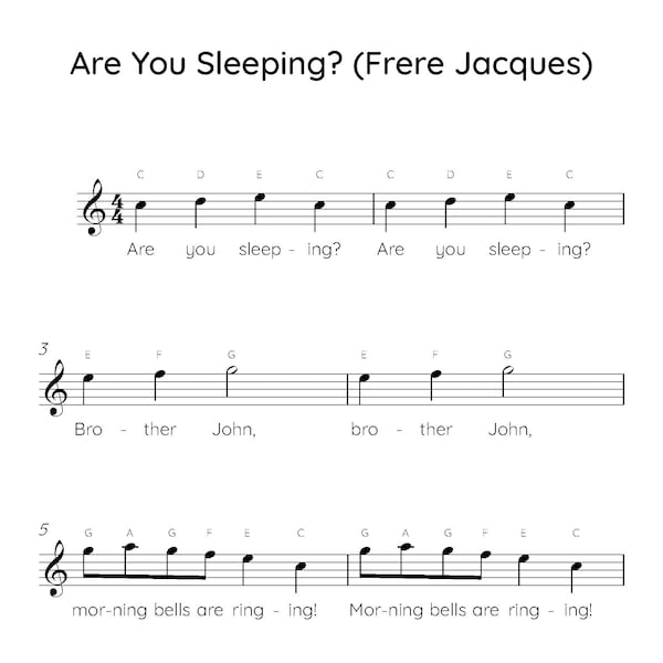 Are You Sleeping (Frere Jacques) Easy Piano Sheet Music, Digital Downloadable Musical Sheets, Kids Beginner Songs, PDF