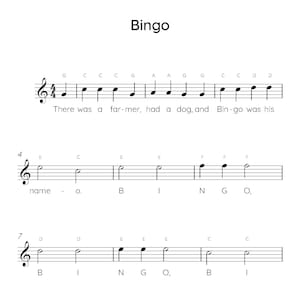 BINGO Easy Piano Sheet Music, Digital Downloadable Musical Sheets, Kids Beginner Songs, PDF