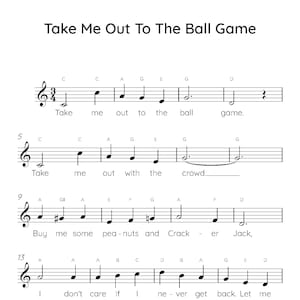 Take Me Out To The Ball Game Easy Piano Sheet Music, Digital Downloadable Musical Sheets, Kids Beginner Songs, PDF