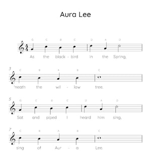 Aura Lee Easy Piano Sheet Music, Digital Downloadable Musical Sheets, Kids Beginner Songs, PDF