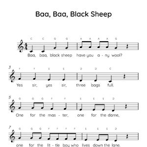 Baa Baa Black Sheep Easy Piano Sheet Music, Digital Downloadable Musical Sheets, Kids Beginner Songs, PDF