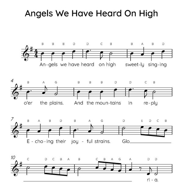 Angels We Have Heard On High Easy Klavier Noten, digital herunterladbare Notenblätter, Kinder Anfänger Lieder, PDF, Weihnachtslied