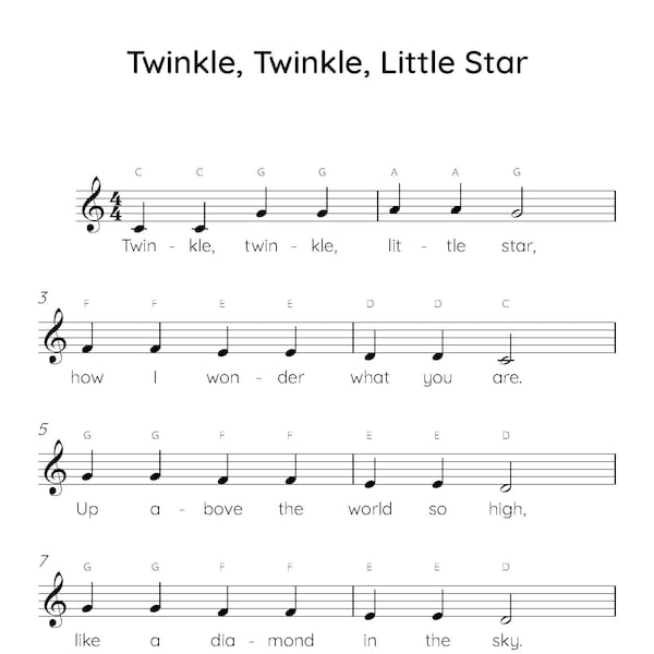 Twinkle Twinkle Little Star Easy Piano Sheet Music, Digital Downloadable Musical Sheets, Kids Beginner Songs, PDF