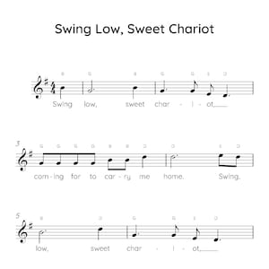 Swing Low Sweet Chariot Easy Piano Sheet Music, Digital Downloadable Musical Sheets, Kids Beginner Songs, PDF