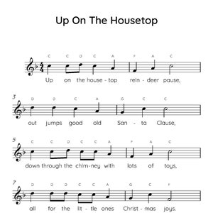 May include: A sheet of music with the lyrics and melody for the Christmas carol "Up On The Housetop". The lyrics include the phrases "reindeer pause", "Santa Clause", "chimney with lots of toys", "little ones", "Christmas joys", and "Who wouldn't go?"