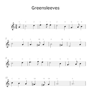 Greensleeves Easy Piano Sheet Music, Digital Downloadable Musical Sheets, Kids Beginner Songs, PDF