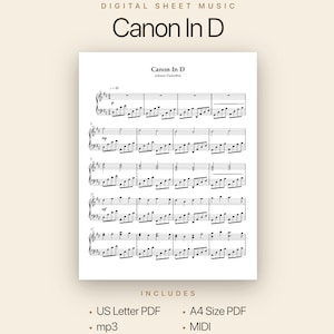 以下が含まれることがあります： ヨハン・パッヘルベルの「カノンD」のデジタル楽譜。楽譜は、音符と五線譜のある白いページに表示されます。画像には「US Letter PDF」、「A4 Size PDF」、「mp3」および「MIDI」というテキストが含まれています。