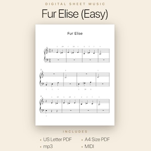 May include: Sheet music for "Fur Elise (Easy)" is displayed on a white page. The title is at the top, with musical notes and staff lines below. The image includes the text "US Letter PDF", "A4 Size PDF", "mp3", and "MIDI".