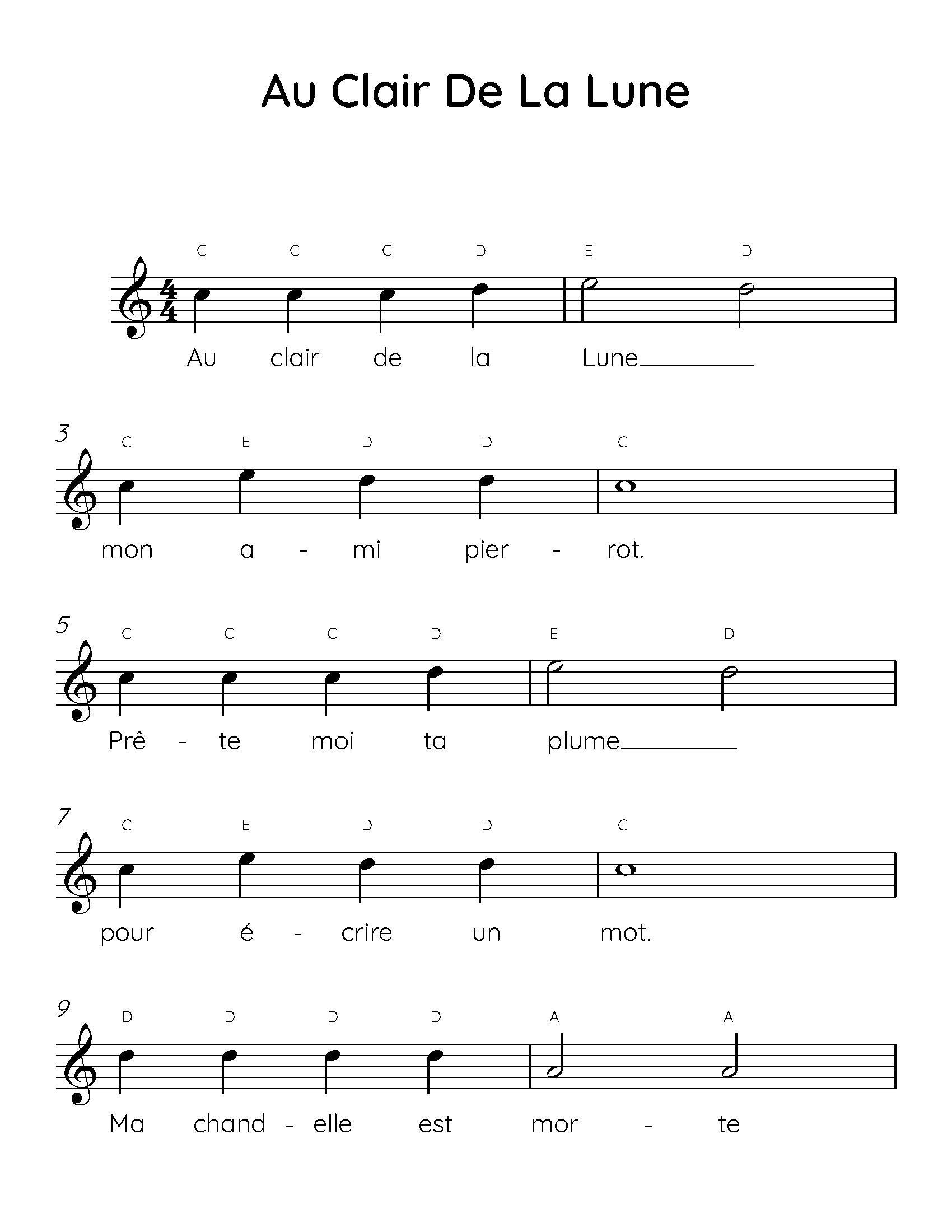 Mister Toony Au Clair De La Lune Lyrics Au Clair De La Lune Easy Piano Sheet Music, Digital Downloadable