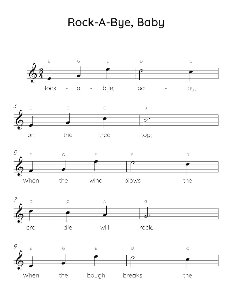 "Rock-A-Bye, Baby" easy piano sheet music with letters and lyrics is perfect for beginner piano players.