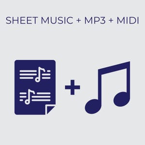 May include: A graphic with the text "SHEET MUSIC + MP3 + MIDI" at the top. Below, a dark blue musical note and a sheet music icon are connected by a plus sign, indicating a combination of musical formats.