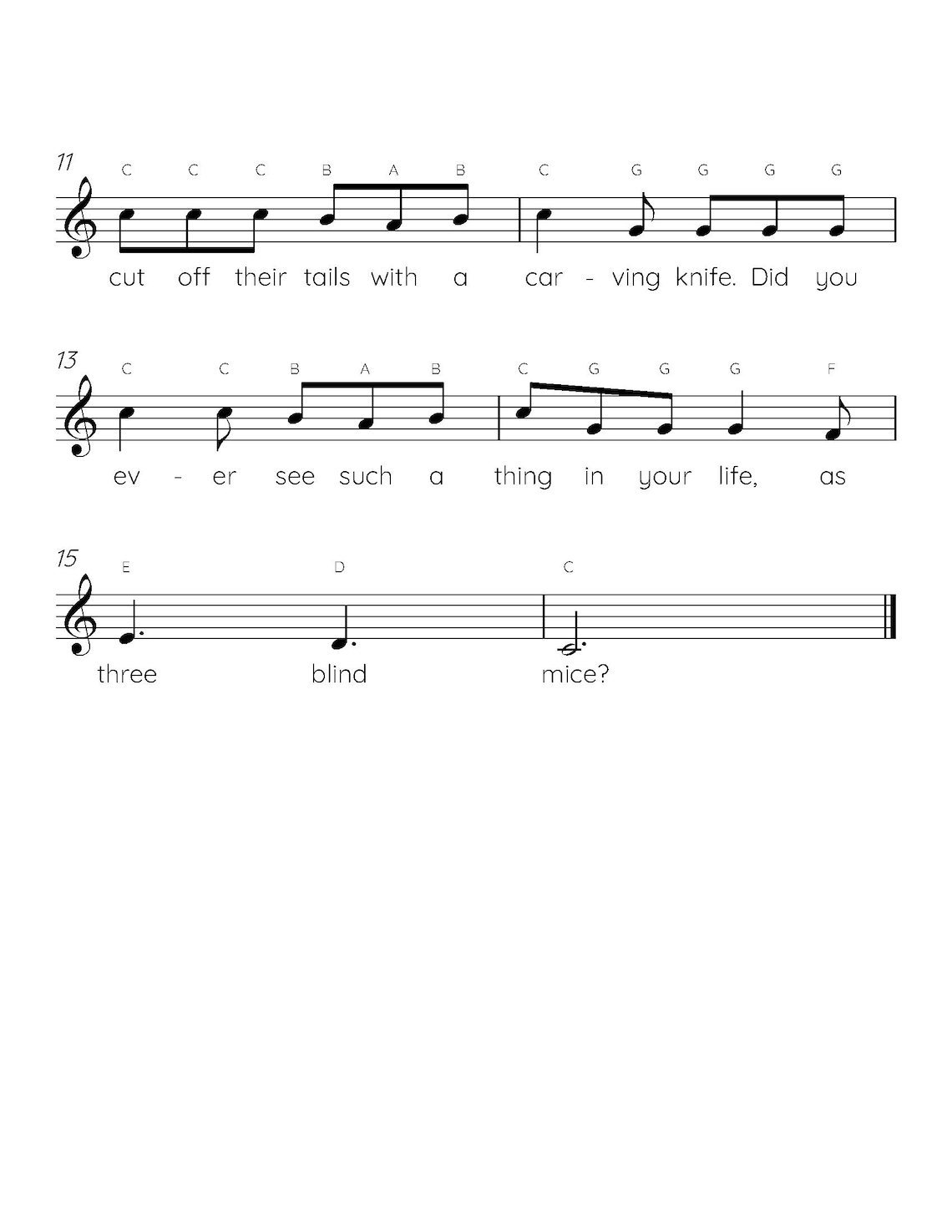Three Blind Mice easy piano sheet music digital download for kids with a beginner-friendly layout
