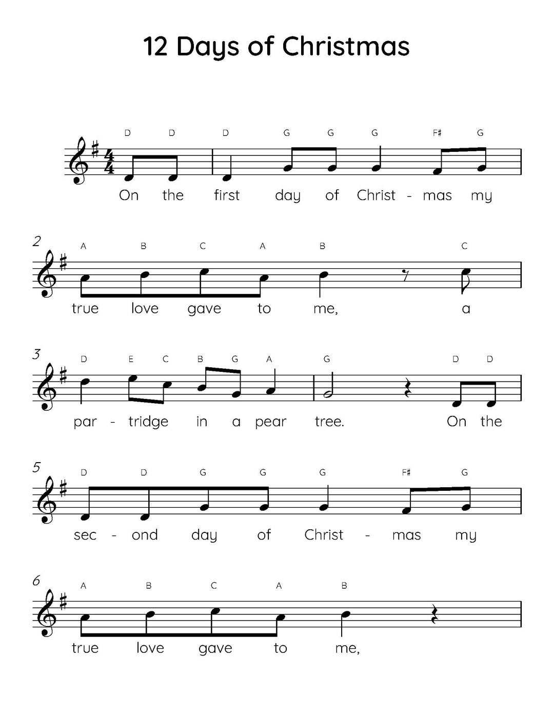 12 days of christmas easy piano sheet music, digital downloadable